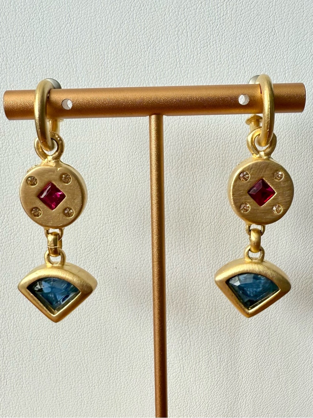 Vintage Roxanne Assoulin Matte Gold Pink & Blue Glass Rhinestone Dangle Earrings